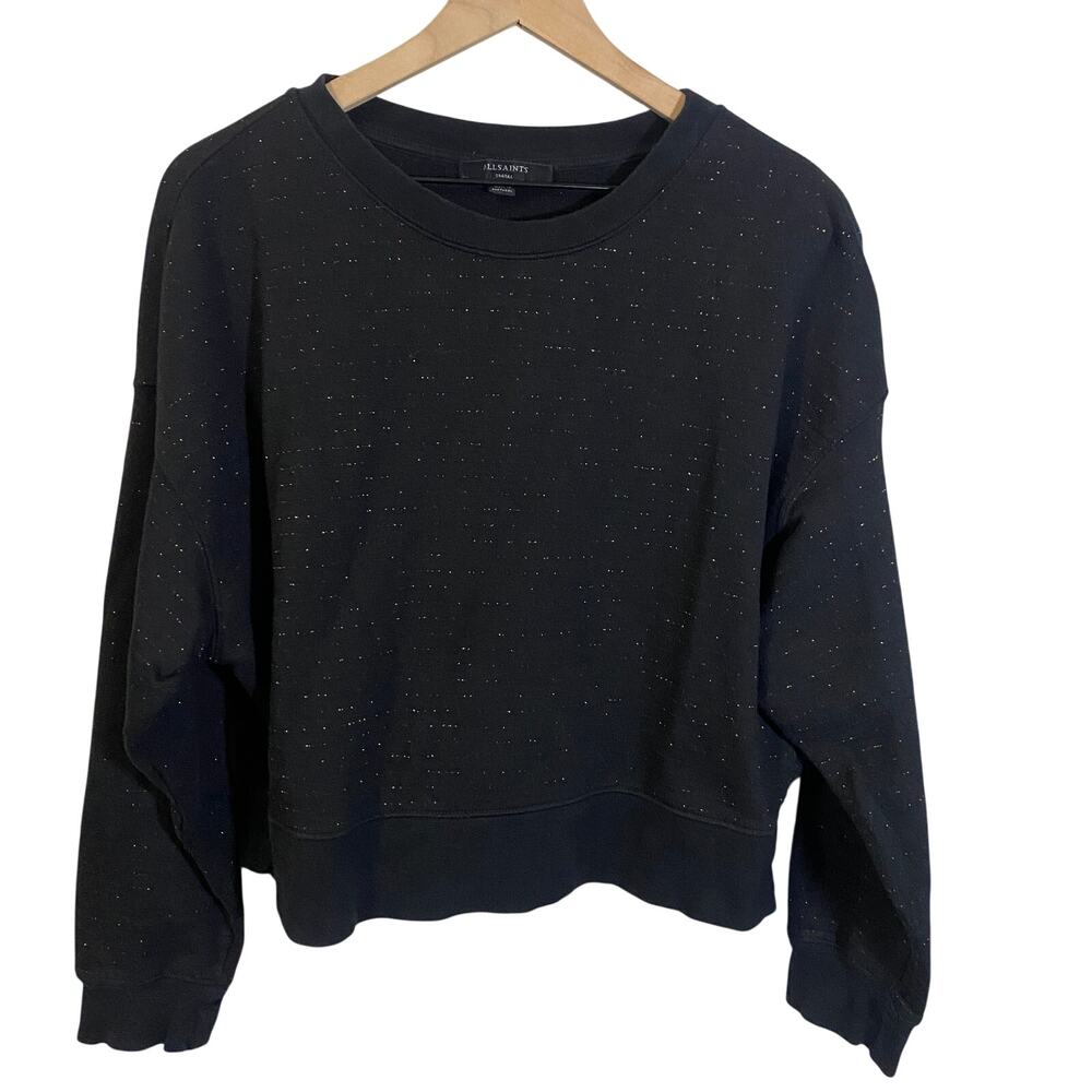 AllSaints Black Gold Lurex Piro Shimmer Sweatshirt Subtle Stripe Crop Boxy Sz S